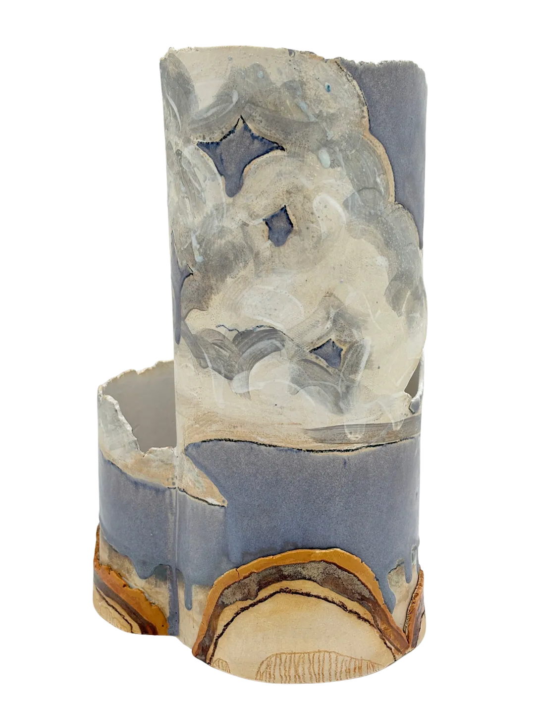 Cloud Tourist: a tall, cut-away stoneware vessel painted with grey clouds above a blue and ochre base.