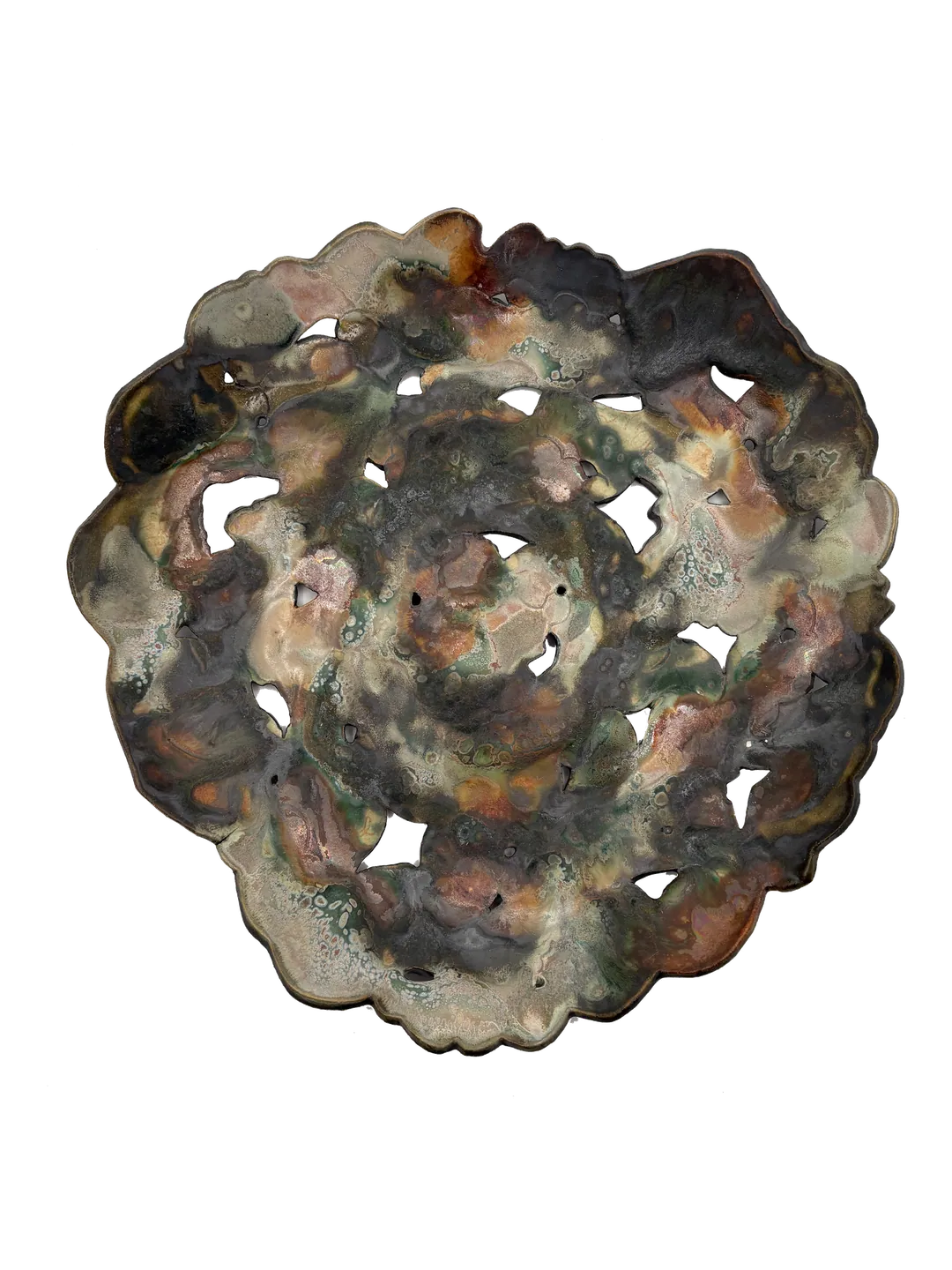Forest Floor: a rosette-shaped stoneware wall piece in smoky browns, greys and cream, its petals pierced through.