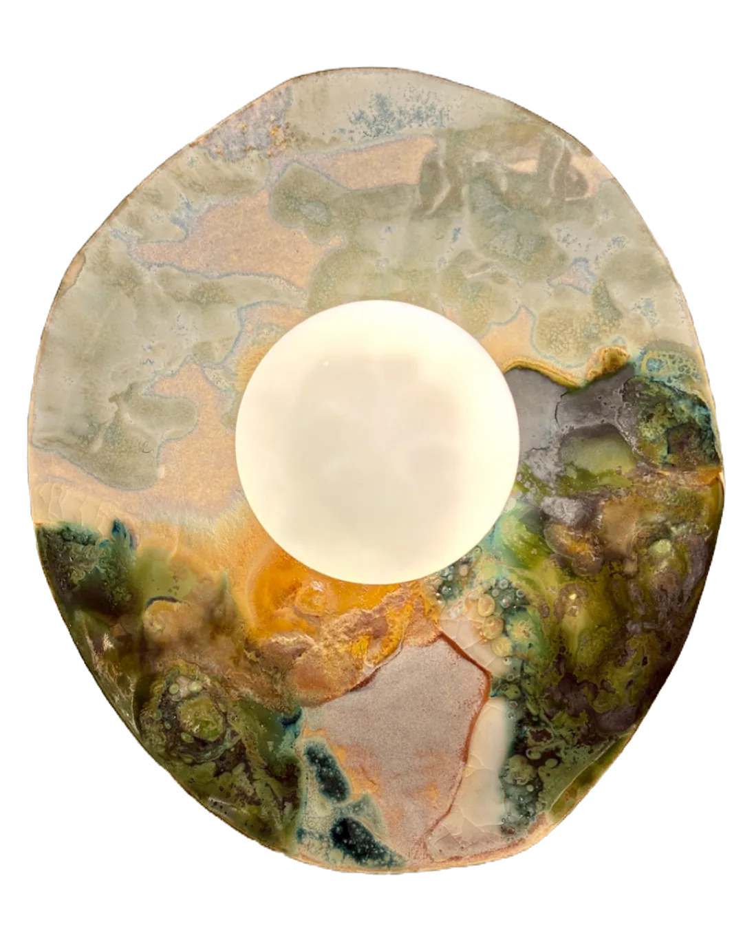 Luminant: a rounded stoneware form with mottled green, rust and pink glaze surrounding a glowing white disc.