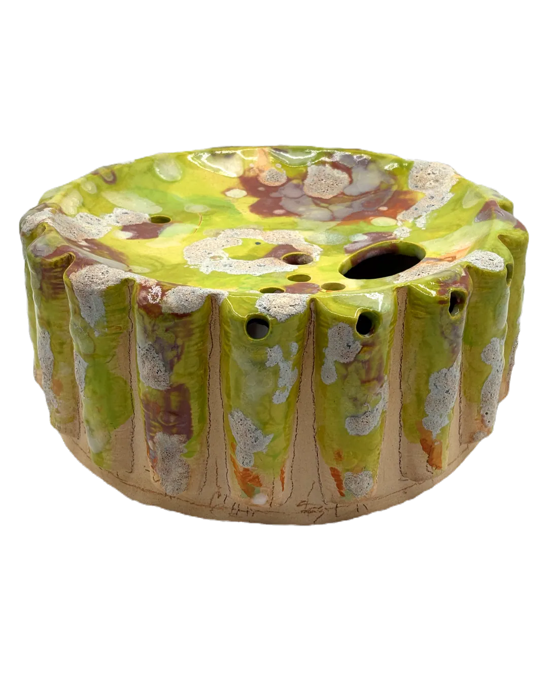 Spring Awakening: a low, fluted stoneware vessel glazed in chartreuse and lavender with dark pooling and small pierced holes.